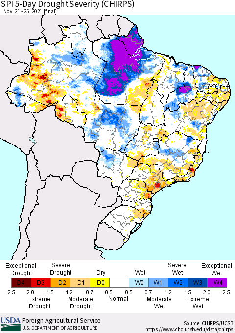 Brazil SPI 5-Day Drought Severity (CHIRPS) Thematic Map For 11/21/2021 - 11/25/2021