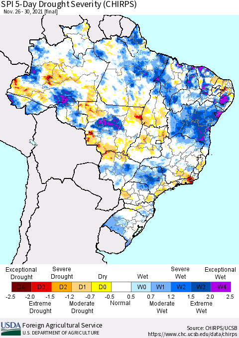 Brazil SPI 5-Day Drought Severity (CHIRPS) Thematic Map For 11/26/2021 - 11/30/2021
