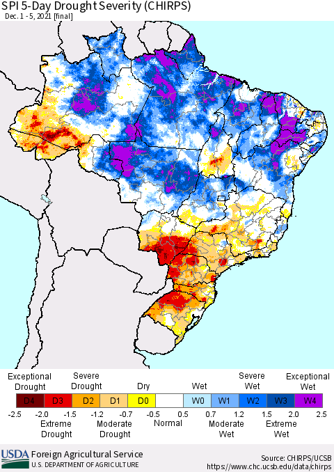 Brazil SPI 5-Day Drought Severity (CHIRPS) Thematic Map For 12/1/2021 - 12/5/2021
