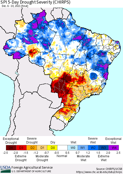 Brazil SPI 5-Day Drought Severity (CHIRPS) Thematic Map For 12/6/2021 - 12/10/2021