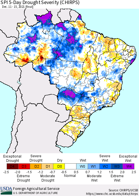 Brazil SPI 5-Day Drought Severity (CHIRPS) Thematic Map For 12/11/2021 - 12/15/2021