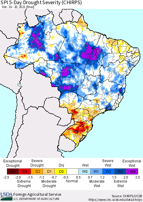 Brazil SPI 5-Day Drought Severity (CHIRPS) Thematic Map For 12/16/2021 - 12/20/2021