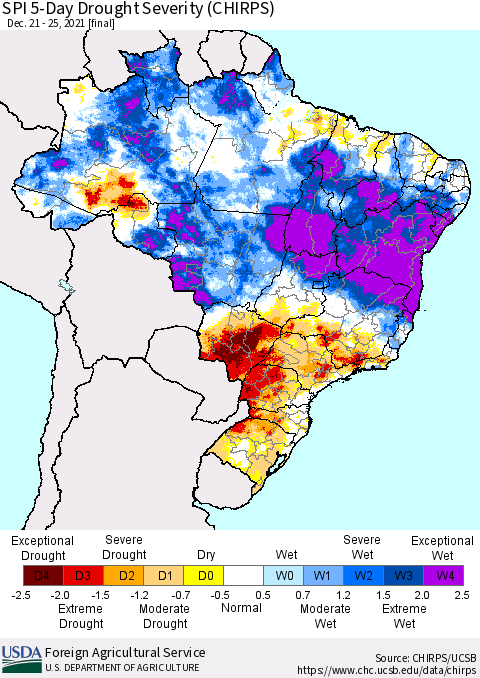Brazil SPI 5-Day Drought Severity (CHIRPS) Thematic Map For 12/21/2021 - 12/25/2021