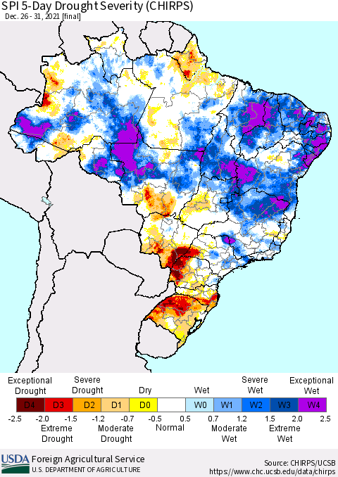 Brazil SPI 5-Day Drought Severity (CHIRPS) Thematic Map For 12/26/2021 - 12/31/2021