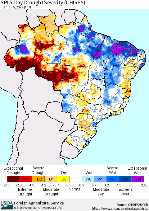 Brazil SPI 5-Day Drought Severity (CHIRPS) Thematic Map For 1/1/2022 - 1/5/2022