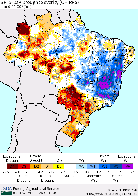 Brazil SPI 5-Day Drought Severity (CHIRPS) Thematic Map For 1/6/2022 - 1/10/2022