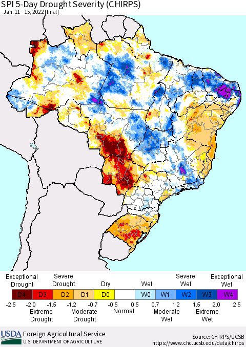 Brazil SPI 5-Day Drought Severity (CHIRPS) Thematic Map For 1/11/2022 - 1/15/2022