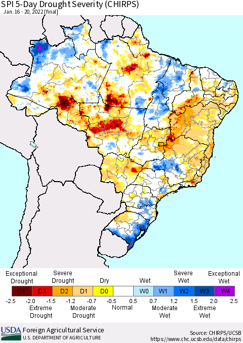 Brazil SPI 5-Day Drought Severity (CHIRPS) Thematic Map For 1/16/2022 - 1/20/2022