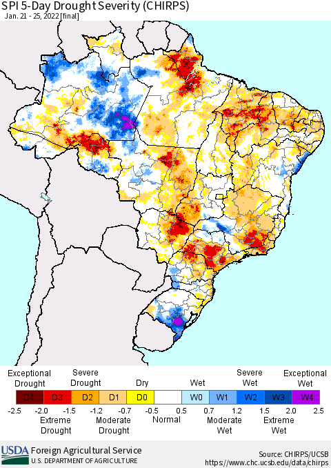 Brazil SPI 5-Day Drought Severity (CHIRPS) Thematic Map For 1/21/2022 - 1/25/2022