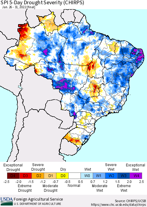 Brazil SPI 5-Day Drought Severity (CHIRPS) Thematic Map For 1/26/2022 - 1/31/2022