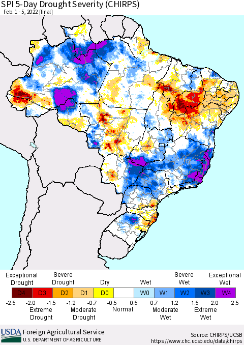 Brazil SPI 5-Day Drought Severity (CHIRPS) Thematic Map For 2/1/2022 - 2/5/2022