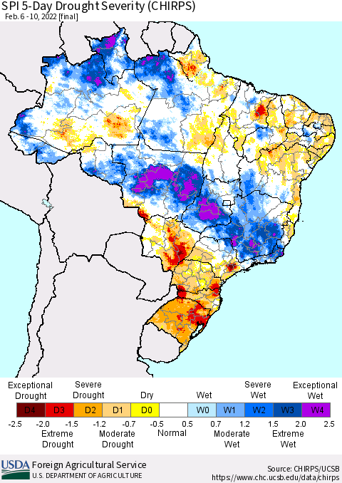 Brazil SPI 5-Day Drought Severity (CHIRPS) Thematic Map For 2/6/2022 - 2/10/2022