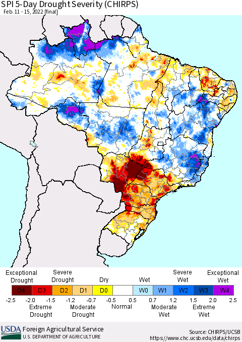 Brazil SPI 5-Day Drought Severity (CHIRPS) Thematic Map For 2/11/2022 - 2/15/2022
