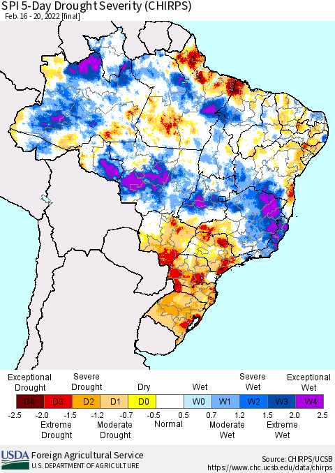Brazil SPI 5-Day Drought Severity (CHIRPS) Thematic Map For 2/16/2022 - 2/20/2022