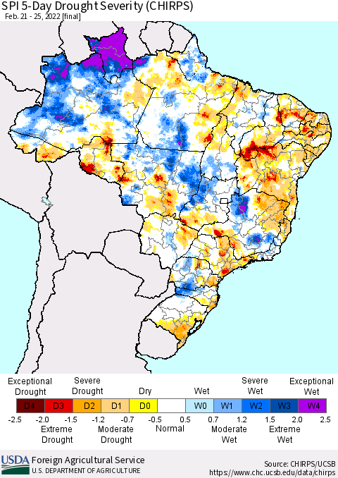 Brazil SPI 5-Day Drought Severity (CHIRPS) Thematic Map For 2/21/2022 - 2/25/2022
