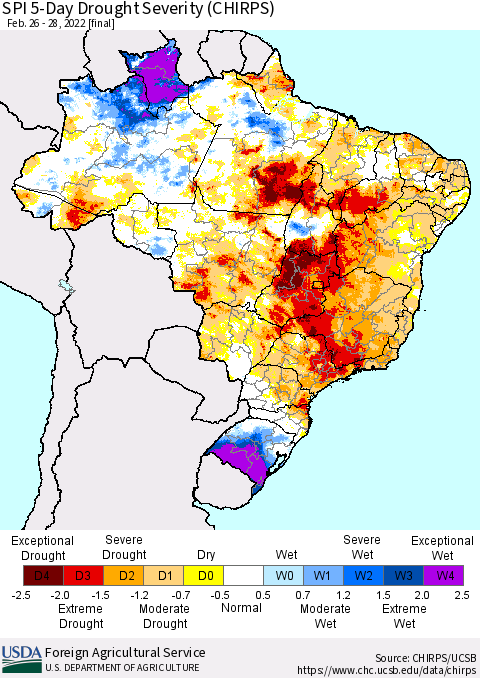 Brazil SPI 5-Day Drought Severity (CHIRPS) Thematic Map For 2/26/2022 - 2/28/2022