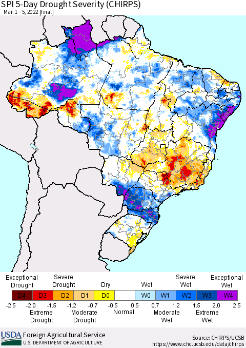 Brazil SPI 5-Day Drought Severity (CHIRPS) Thematic Map For 3/1/2022 - 3/5/2022