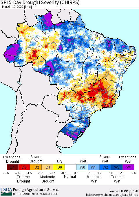 Brazil SPI 5-Day Drought Severity (CHIRPS) Thematic Map For 3/6/2022 - 3/10/2022