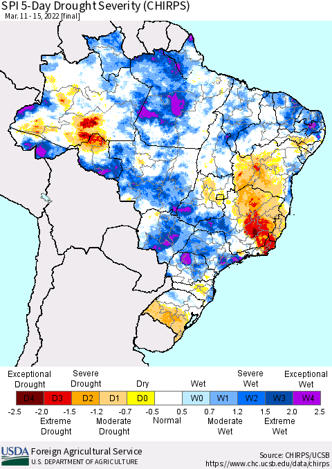 Brazil SPI 5-Day Drought Severity (CHIRPS) Thematic Map For 3/11/2022 - 3/15/2022