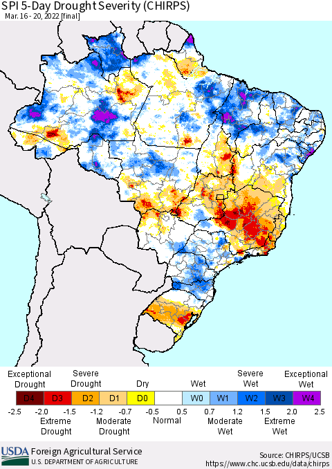 Brazil SPI 5-Day Drought Severity (CHIRPS) Thematic Map For 3/16/2022 - 3/20/2022