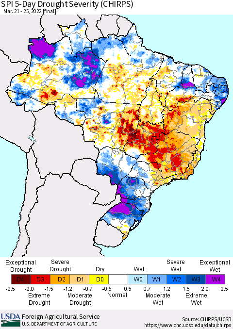 Brazil SPI 5-Day Drought Severity (CHIRPS) Thematic Map For 3/21/2022 - 3/25/2022