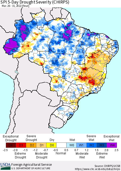 Brazil SPI 5-Day Drought Severity (CHIRPS) Thematic Map For 3/26/2022 - 3/31/2022