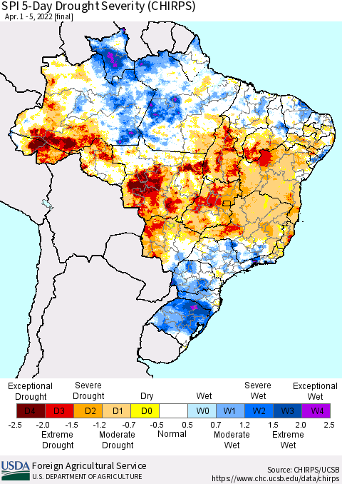 Brazil SPI 5-Day Drought Severity (CHIRPS) Thematic Map For 4/1/2022 - 4/5/2022