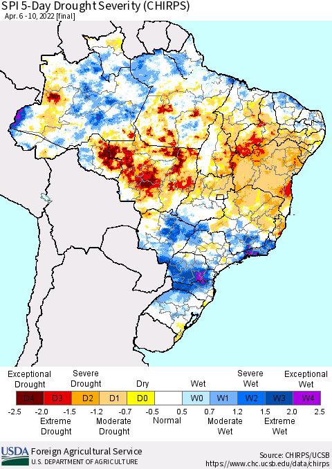 Brazil SPI 5-Day Drought Severity (CHIRPS) Thematic Map For 4/6/2022 - 4/10/2022