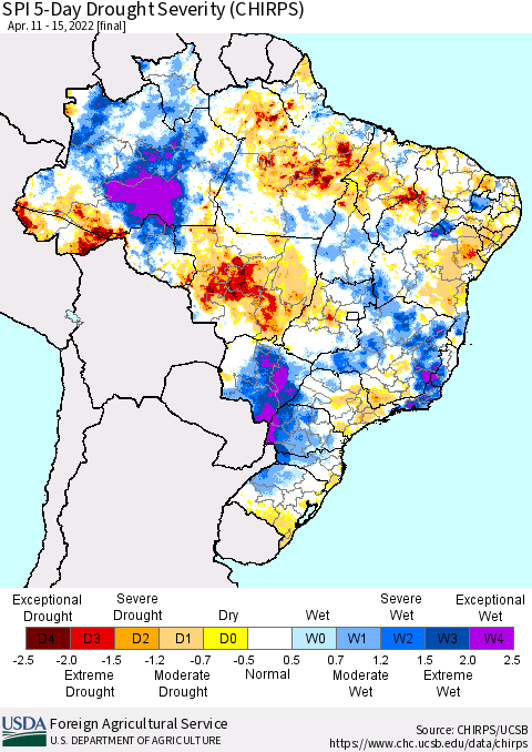 Brazil SPI 5-Day Drought Severity (CHIRPS) Thematic Map For 4/11/2022 - 4/15/2022