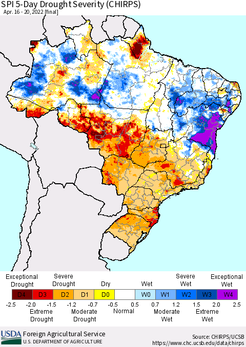 Brazil SPI 5-Day Drought Severity (CHIRPS) Thematic Map For 4/16/2022 - 4/20/2022