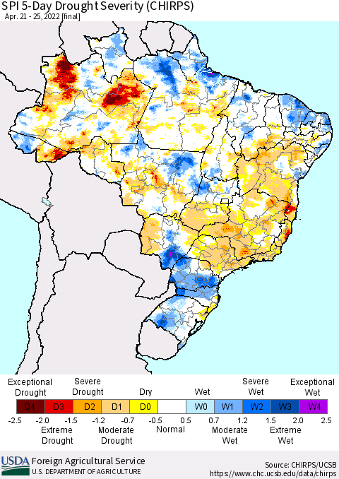 Brazil SPI 5-Day Drought Severity (CHIRPS) Thematic Map For 4/21/2022 - 4/25/2022