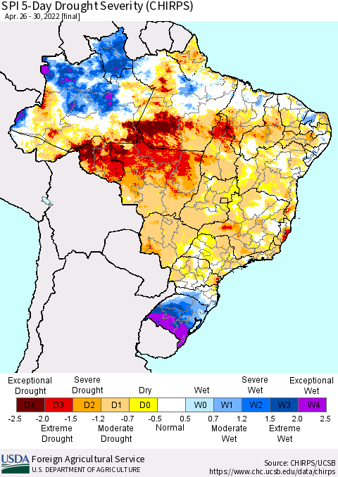 Brazil SPI 5-Day Drought Severity (CHIRPS) Thematic Map For 4/26/2022 - 4/30/2022