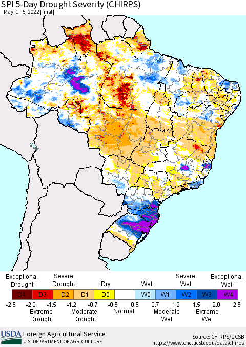 Brazil SPI 5-Day Drought Severity (CHIRPS) Thematic Map For 5/1/2022 - 5/5/2022