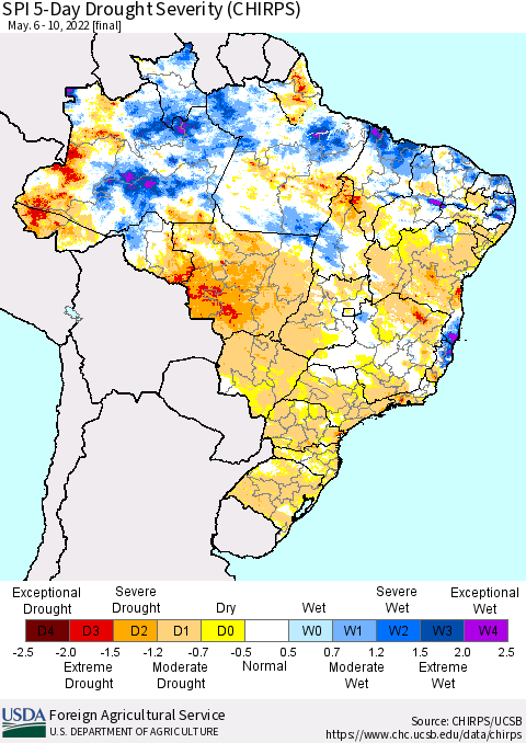 Brazil SPI 5-Day Drought Severity (CHIRPS) Thematic Map For 5/6/2022 - 5/10/2022