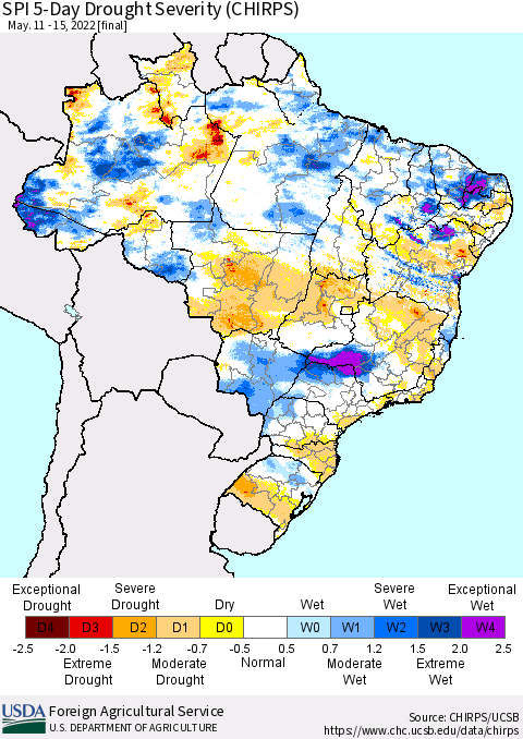 Brazil SPI 5-Day Drought Severity (CHIRPS) Thematic Map For 5/11/2022 - 5/15/2022