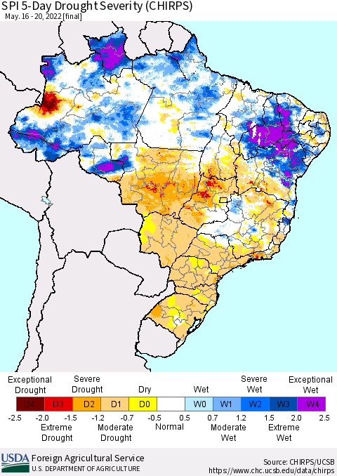 Brazil SPI 5-Day Drought Severity (CHIRPS) Thematic Map For 5/16/2022 - 5/20/2022