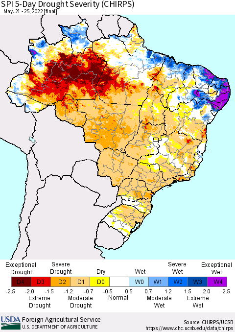 Brazil SPI 5-Day Drought Severity (CHIRPS) Thematic Map For 5/21/2022 - 5/25/2022