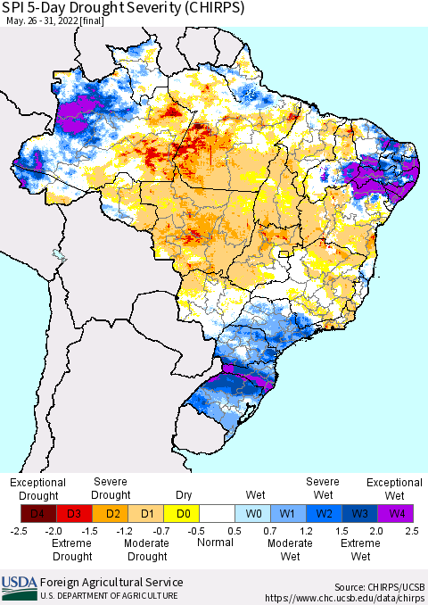 Brazil SPI 5-Day Drought Severity (CHIRPS) Thematic Map For 5/26/2022 - 5/31/2022