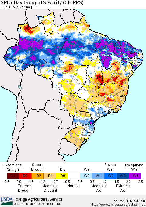 Brazil SPI 5-Day Drought Severity (CHIRPS) Thematic Map For 6/1/2022 - 6/5/2022