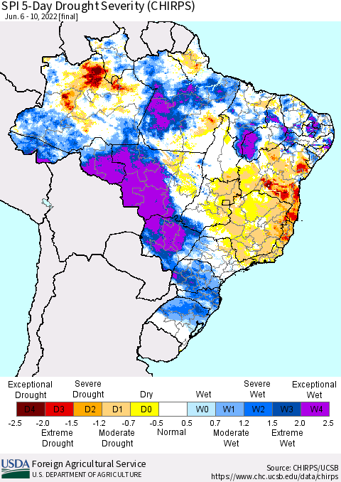 Brazil SPI 5-Day Drought Severity (CHIRPS) Thematic Map For 6/6/2022 - 6/10/2022