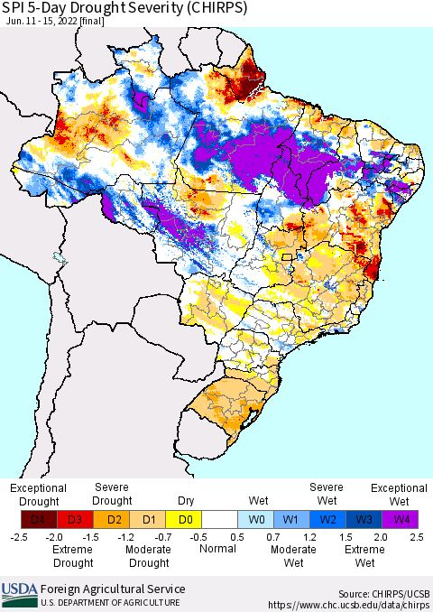 Brazil SPI 5-Day Drought Severity (CHIRPS) Thematic Map For 6/11/2022 - 6/15/2022