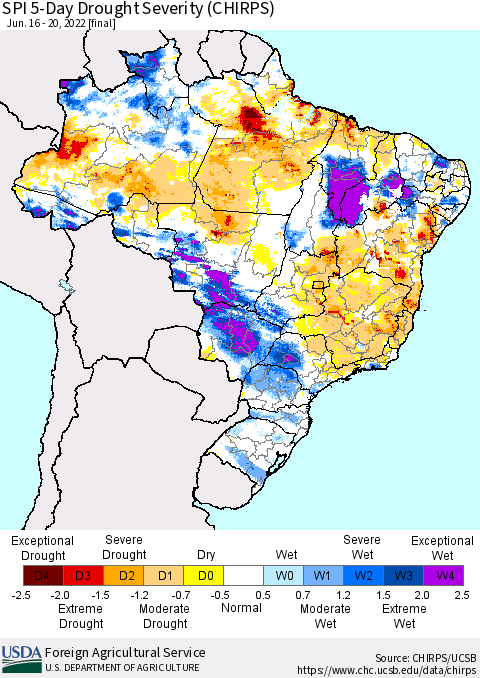 Brazil SPI 5-Day Drought Severity (CHIRPS) Thematic Map For 6/16/2022 - 6/20/2022