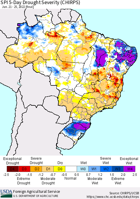 Brazil SPI 5-Day Drought Severity (CHIRPS) Thematic Map For 6/21/2022 - 6/25/2022