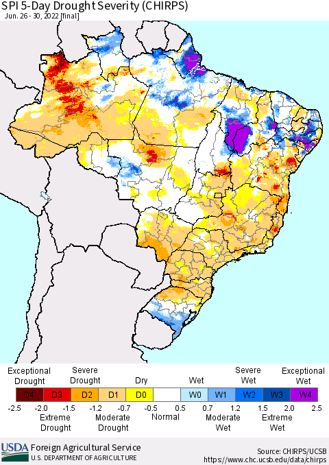 Brazil SPI 5-Day Drought Severity (CHIRPS) Thematic Map For 6/26/2022 - 6/30/2022