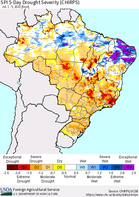 Brazil SPI 5-Day Drought Severity (CHIRPS) Thematic Map For 7/1/2022 - 7/5/2022