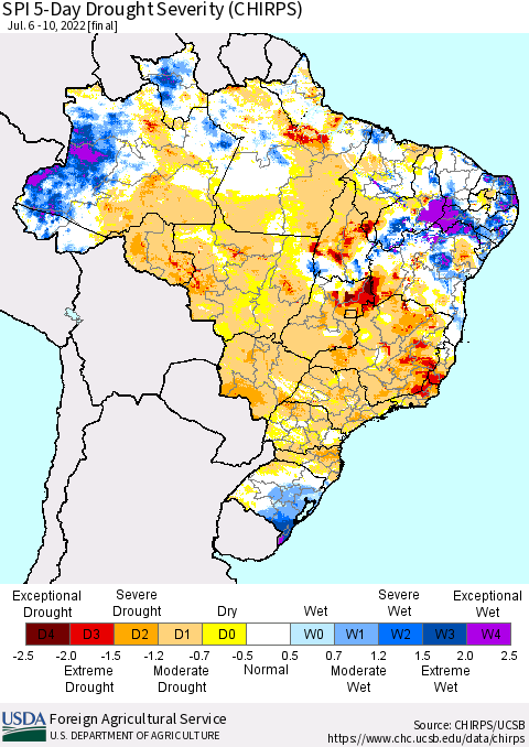 Brazil SPI 5-Day Drought Severity (CHIRPS) Thematic Map For 7/6/2022 - 7/10/2022