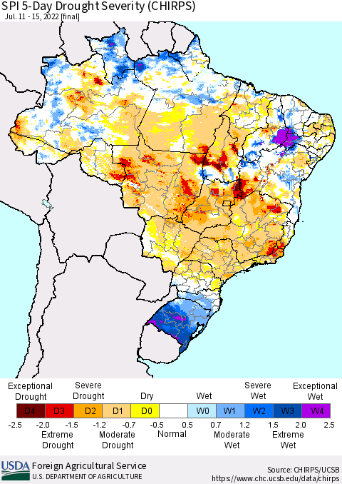 Brazil SPI 5-Day Drought Severity (CHIRPS) Thematic Map For 7/11/2022 - 7/15/2022