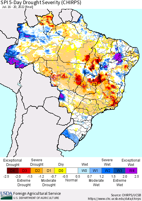 Brazil SPI 5-Day Drought Severity (CHIRPS) Thematic Map For 7/16/2022 - 7/20/2022