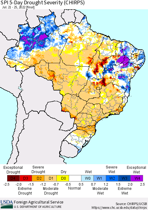 Brazil SPI 5-Day Drought Severity (CHIRPS) Thematic Map For 7/21/2022 - 7/25/2022