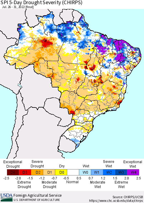 Brazil SPI 5-Day Drought Severity (CHIRPS) Thematic Map For 7/26/2022 - 7/31/2022